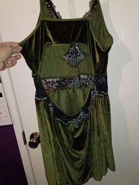 Deep Green Velvet Slip Nighty with Black Lace Trimed Robe